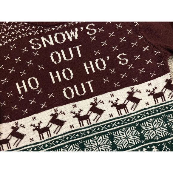 Ugly Christmas Sweater "Snow's Out Ho Ho Ho's Out" Maroon Green Deer Mens Sz L - Picture 3 of 5